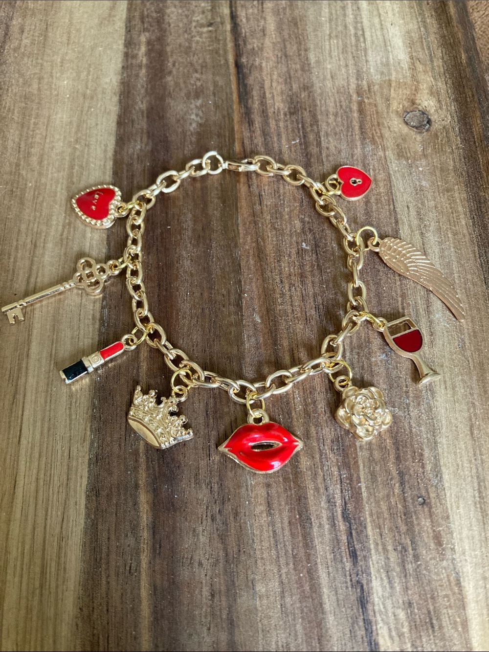 Handmade Red Charm Bracelet with Lip & Heart Accents
